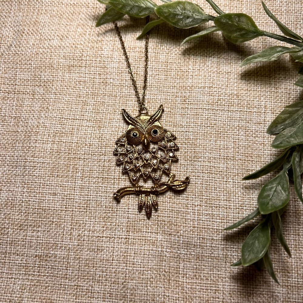 VINTAGE Long Gold Owl Necklace with Crystals | Whimsy, Y2K, Cottagecore